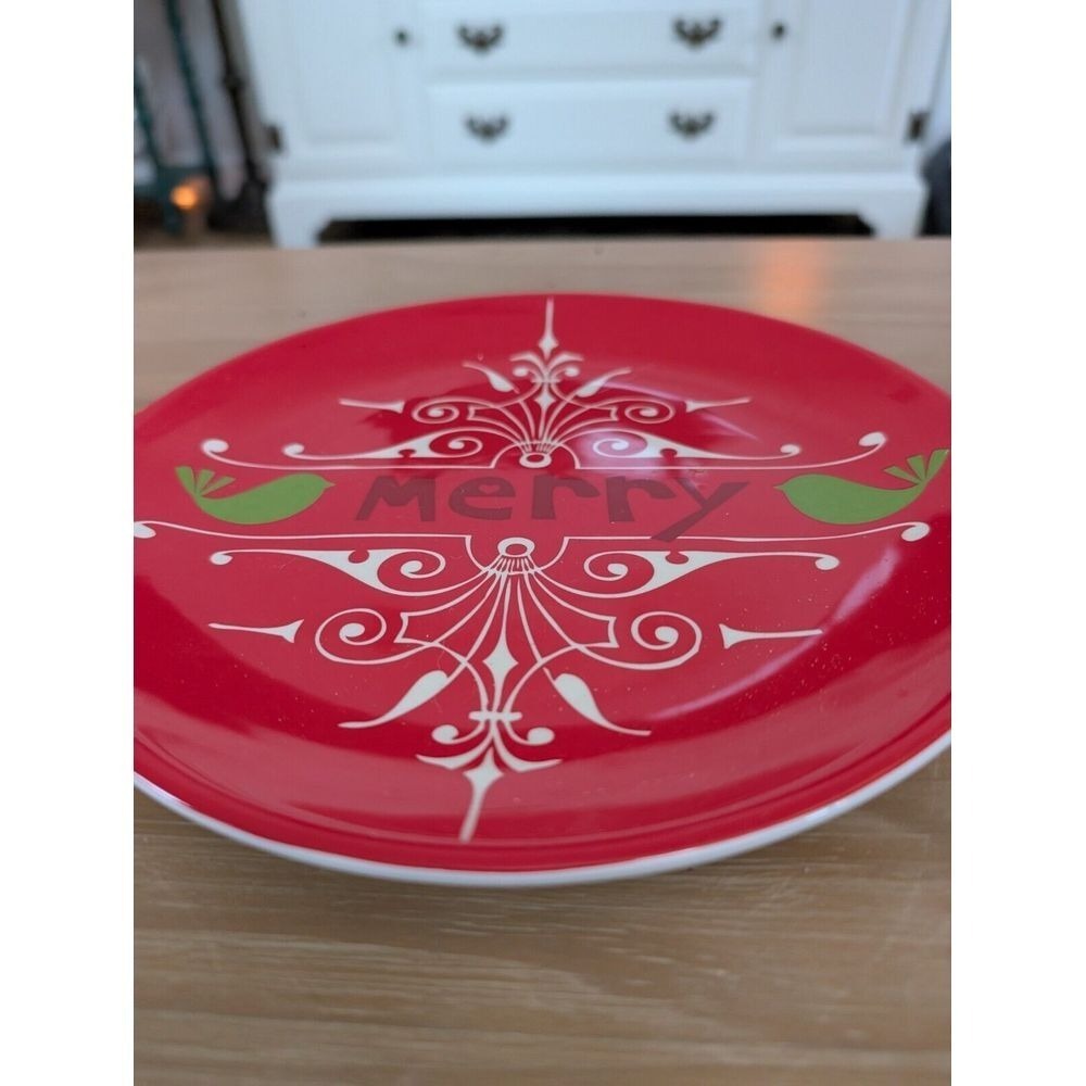 Pier One Christmas Plate " Merry Merry"  Red‎ Christmas Plate